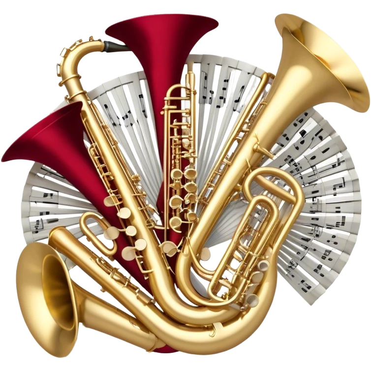 Create a festive and elegant emoji collage featuring a bouquet or fan of bells of wind instrument  (trumpets, saxophones, trombones, tubes, etc.) arranged in a radiant, symmetrical pattern. The instruments should have polished, golden and silver finishes, with their large, shiny bells forming a beautiful, fan-like display. Include a flowing ribbon of musical notes swirling through the center, conveying movement and melody. The background should feature a deep red velvet texture, adding a touch of luxury and sophistication. The overall composition should be balanced, with an elegant and regal feel, with a transparent background to keep focus on the instruments and musical elements. emoji