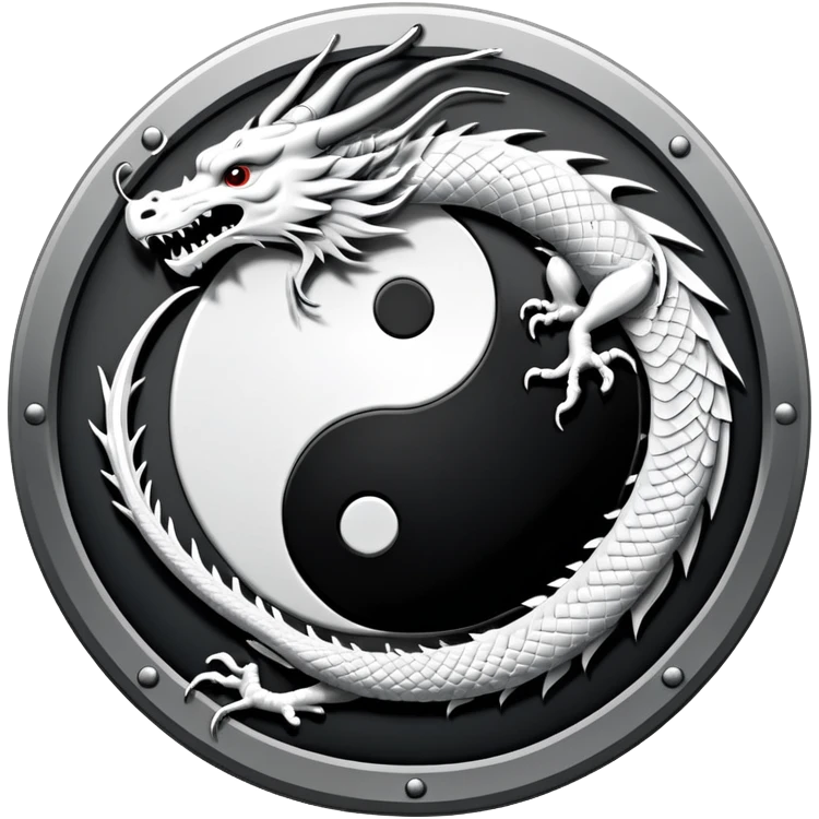 An icon symbolizing Eastern martial arts in the style of an emblem, featuring a black-and-white Yin-Yang symbol and a dragon at the center, surrounded by elements like a dojo. Transparent background highlights balance and power. emoji