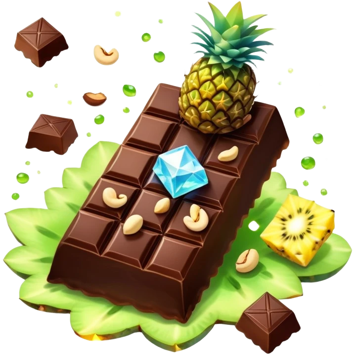Ethereal evening snack with magical dark chocolate squares, enchanted mixed nuts, celestial kiwi slice and glowing pineapple chunks, all floating with sparkly aura emoji