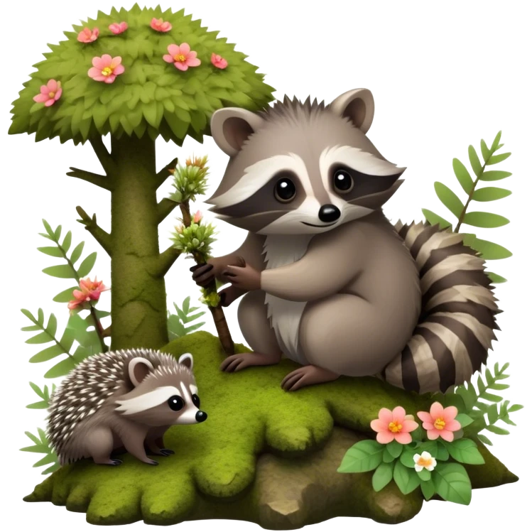 Collage of an exotic raccoon and a hedgehog, both curiously exploring a forest setting with moss and small flowers. The raccoon is perched on a tree branch, and the hedgehog is nestled in the underbrush. Vibrant nature backdrop. Transparent background. emoji