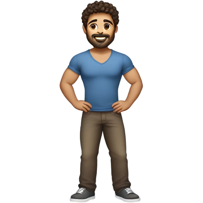men holding his computer in hands. light brown skin men with curly dark hair, dark brown eyes, little grown beard. ust a tiny bit muscular. dressed casual. round face. emoji