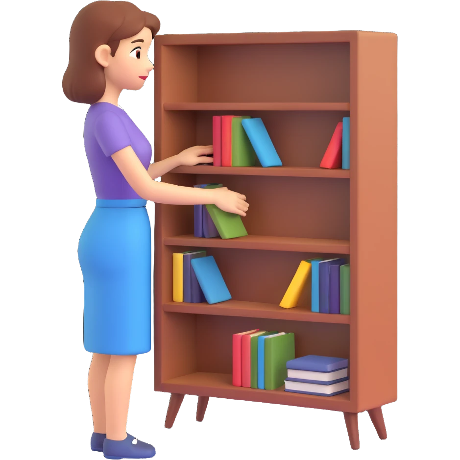 a sad woman looking at a small bookcase emoji