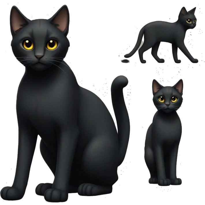 One petite, solid sleek black furred cat. Light yellow eyes. Pointed ear tufts like a lynx cat. Fully body black and no other color markings. Facing forward and standing with ears slightly tilted. emoji