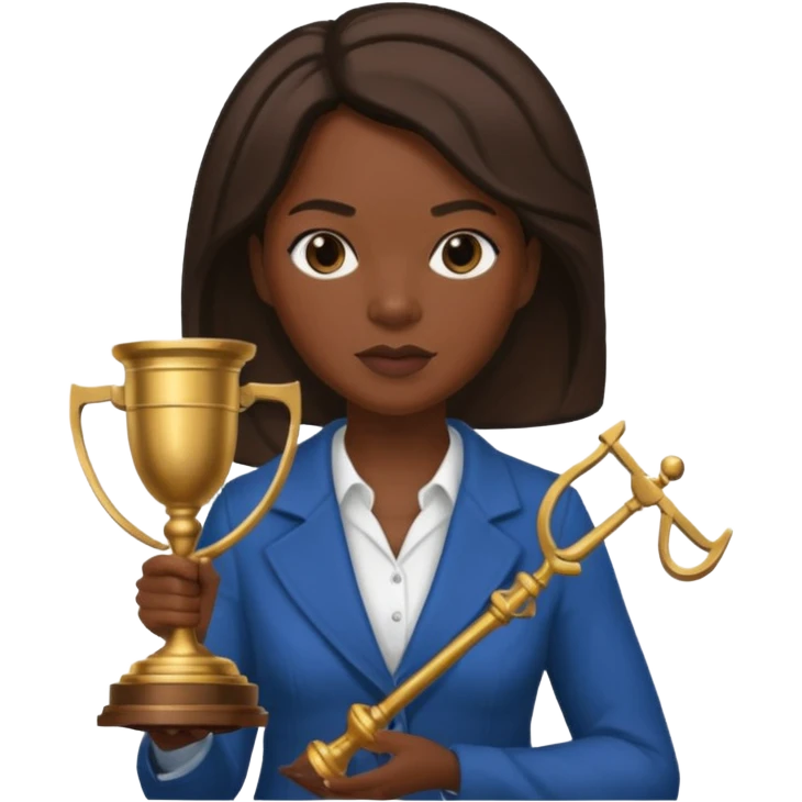 Black teacher/professor looking like the fictional character Annalise Keating from How To Get Away With Murder, holding a statue of justice and with a school board in the background emoji