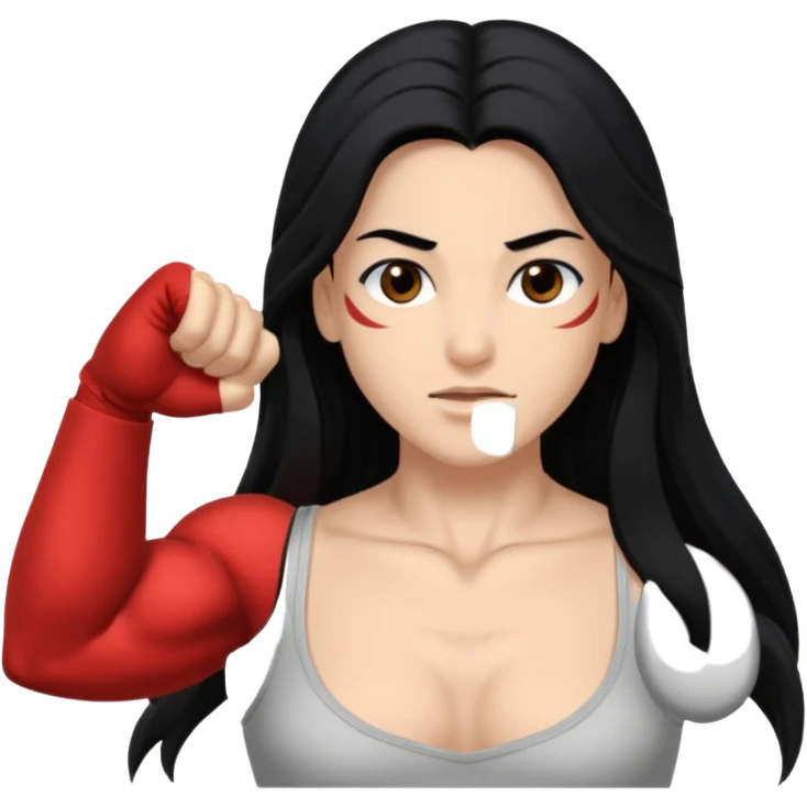 Branca, com cabelo grande preto, olho castanhos escuro musculosa emoji