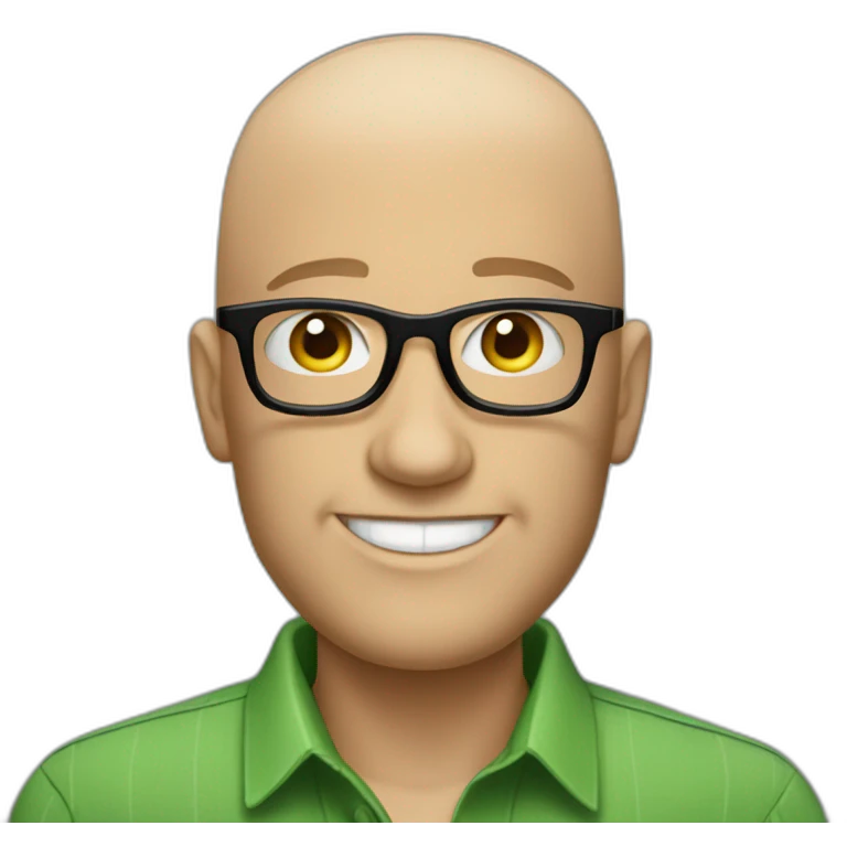 smiling white man with a big nose, shaved head in rectangular black glasses and green button up shirt emoji