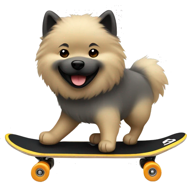 Black/creme/grey Eurasier riding a skateboard emoji