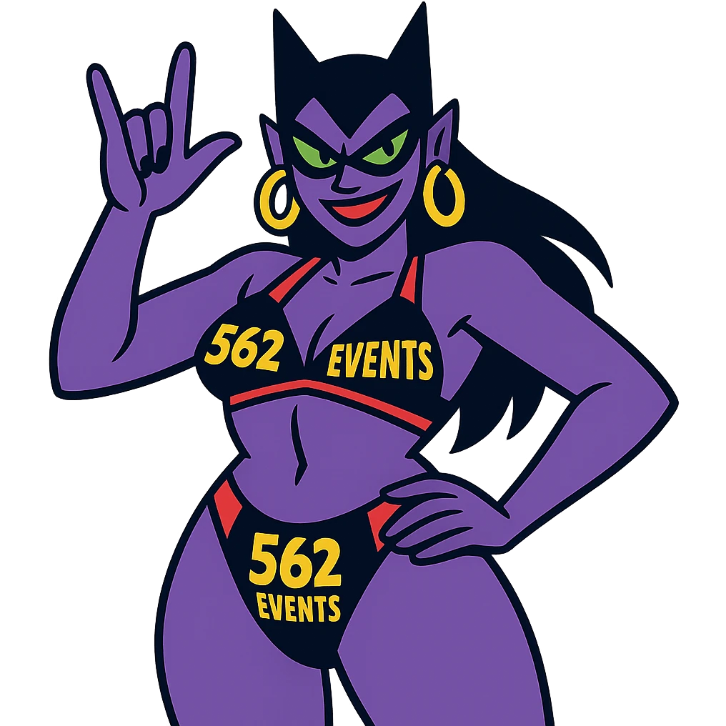 cool baddie posing in a bikini decorated with the text '562 Events' prominently emoji