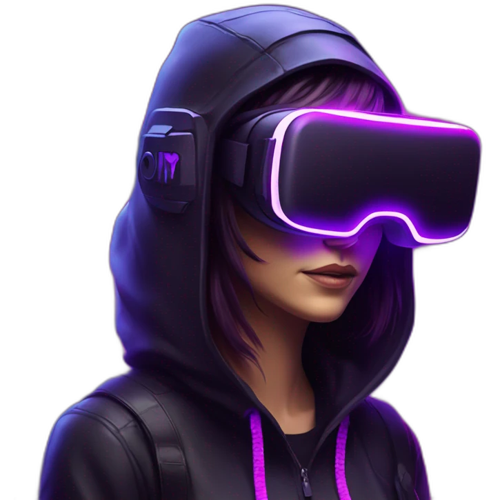 Cathie Wood wearing a black hoodie with "OMG" letters on it and VR headset in a cyberpunk VR environment with violet neon lighting. emoji