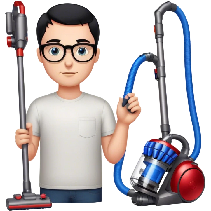 Man with black hair and blue eyes with glasses using Dyson gen5  with 2 red cats emoji