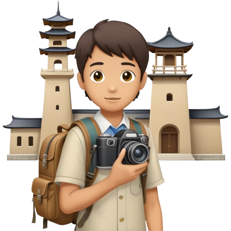 Japanese high school boy with camera and backpack during school field trip at historical site emoji