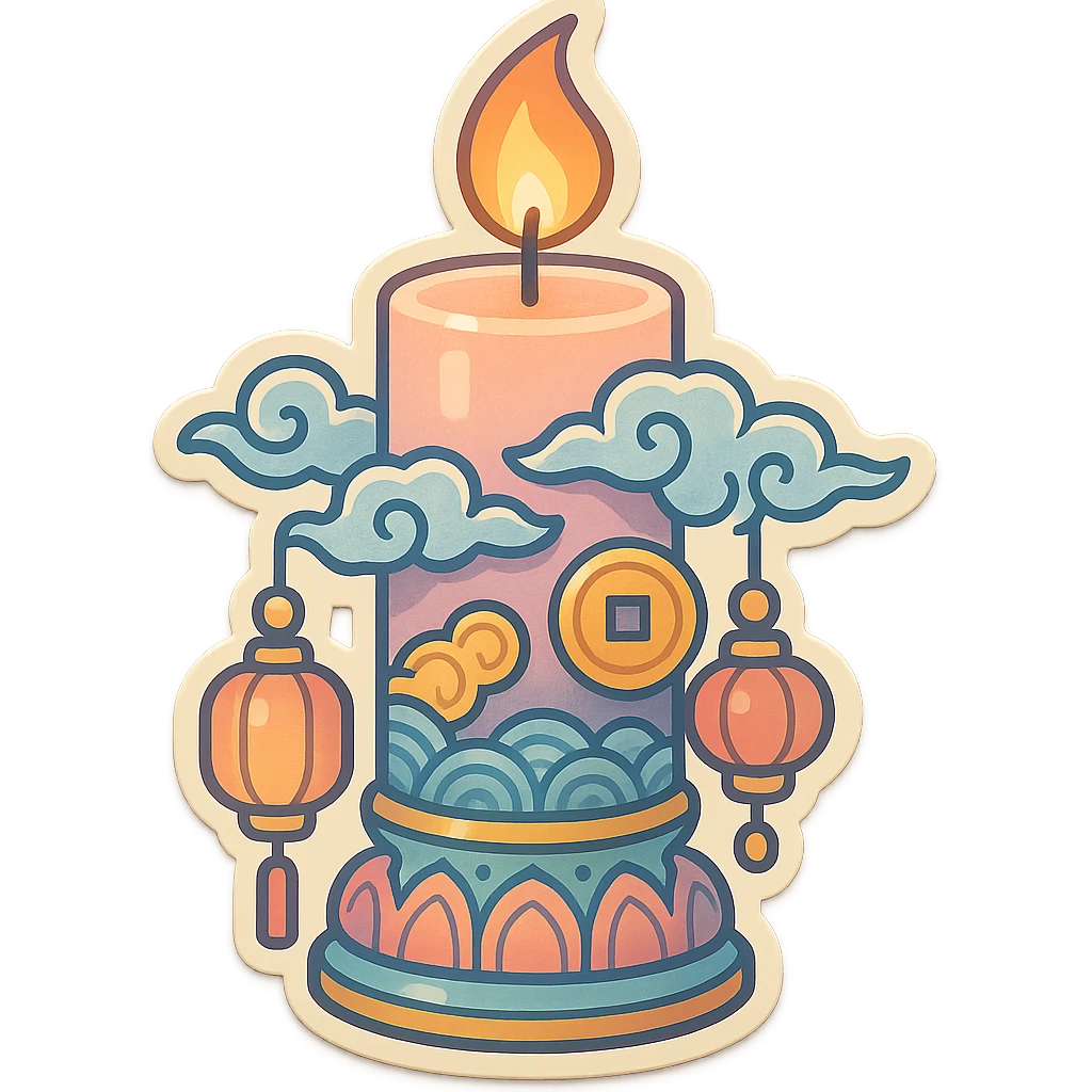burning candle in eastern style with decor (patterns, clouds, coins, lanterns), retro-stickers style, thin clean outlines, soft rounded shapes, detailed drawing with shadows and highlights, pastel palette #98B5BC, #B5B3C1, #C9A3C9, #E4C0CA, #F7DCD1, #F7C0AA, modern Japanese pop art, soft lighting, transparent background emoji