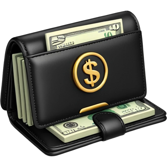 Rich emoji style black leather wallet with dollar bills, luxury money vibe, premium 3D emoji, ultra clean, high detail, no background
 emoji