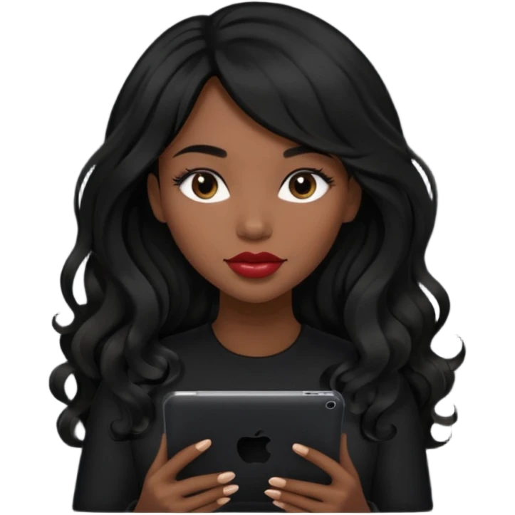 A young woman with long black hair, a wavy frange falling on half of her head.  She's black, medium to dark skinned with thick lips. She's holding an iPad, but she's wearing black casual clothes. she has long eyelashes. emoji