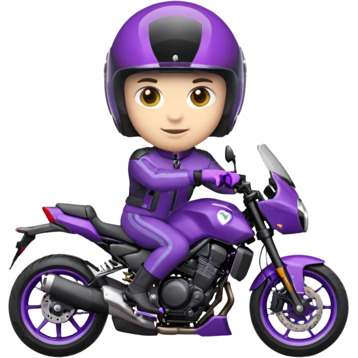 Créer un emoji avec une moto mt07 sport noir mate / violet iridescent très foncé, pare-brise de la moto violet. Avec une pilote dessus, visage complet caché  par la visière violette . Avec en arrière plan cercle violet. emoji