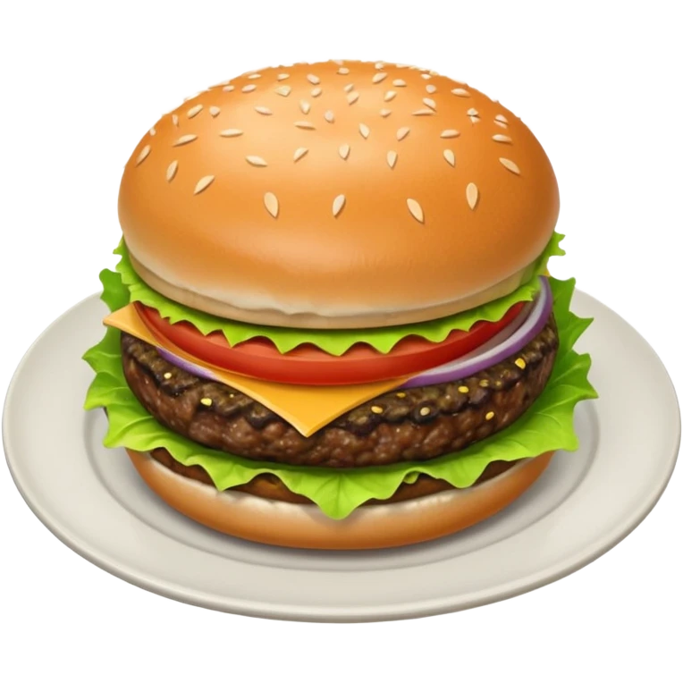 Draw a hamburger on a plate using a downward-facing look, ensuring the object remains stationary without rotation or tilt. emoji