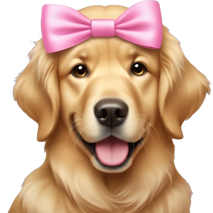 Golden retriever wearing a pretty pink bow and wink emoji