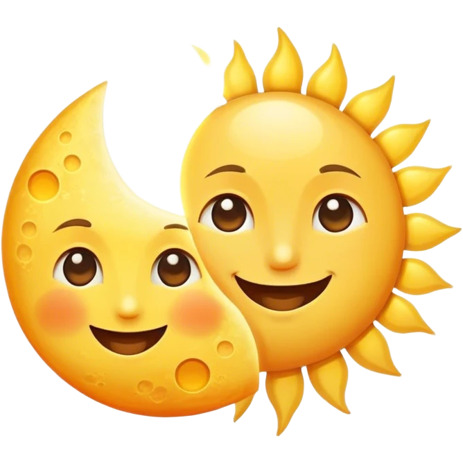 a really bright  big sun and a small moon who shines because of it. the sun is bigger and the tiny \moon bright too beside it smiling looking at each other emoji