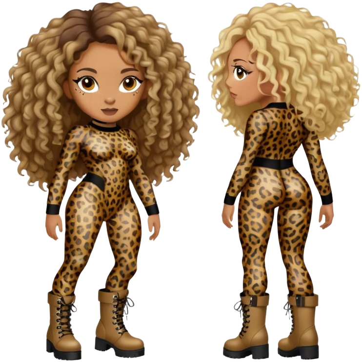 Melanie Brown with brown curls and blonde highlights wearing a tight leopard print two piece bodysuit and combat boots emoji