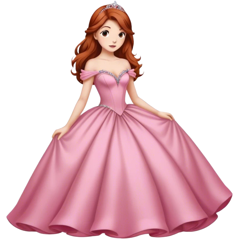 Cinematic Majestic Sleeping Beauty Portrait Emoji, rendered in a clean, vector-style with bold, simplified shapes. Show Aurora with a serene, noble expression, luminous porcelain skin, and elegantly flowing auburn hair, dressed in an opulent pink ball gown. The design radiates a majestic, enchanted glow with high shine and a soft glowing outline, embodying classic royal elegance. emoji