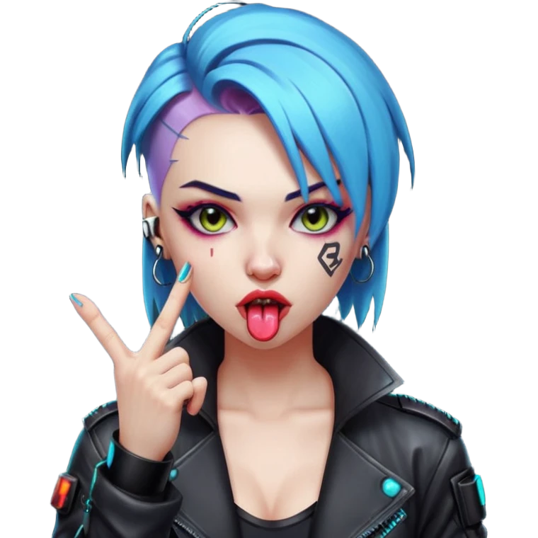 Woman with her tongue out in cyberpunk clothing and giving the middle finger. Looking naughty. emoji