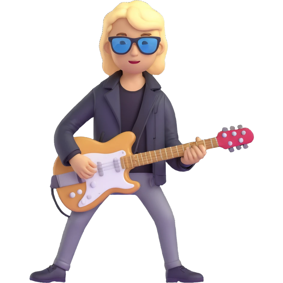 young blonde boy in a black jacket, sunglasses, playing a guitar emoji