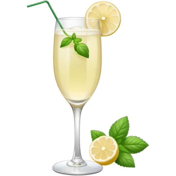 French 75 cocktail with subtle elderflower color with one of each mint and basil leaf for garnish emoji