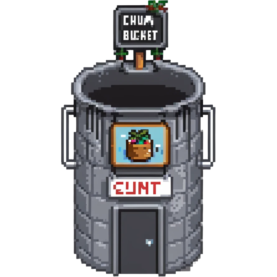 Chum Bucket restaurant from SpongeBob, gray bucket-shaped building with a sign emoji