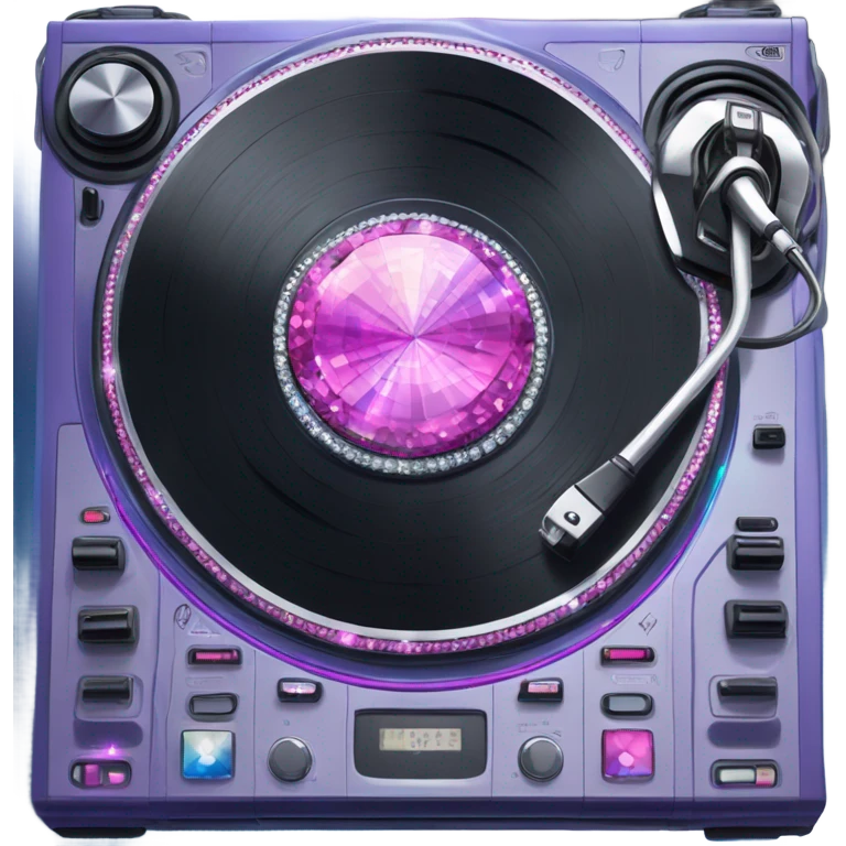 Realistic DJ turntable setup with pink,blue,and purple sparkling diamonds and rhinestones on it. emoji