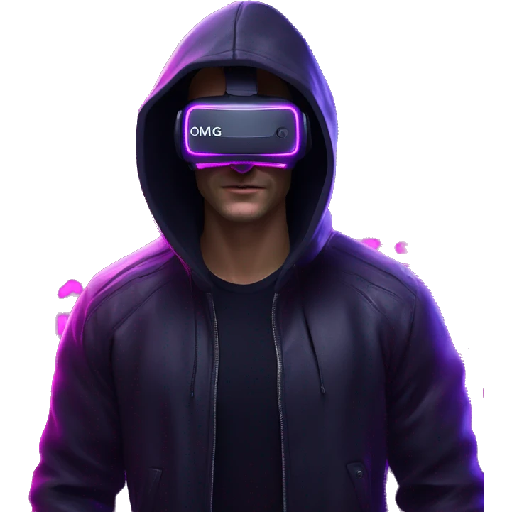 Russian man wearing a black hoodie with "OMG" letters on it and VR headset in a cyberpunk VR environment with violet neon lighting. emoji