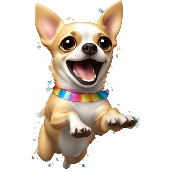 An animated chihuahua running jumping. When reaching the apex of the jump, the chihuahua should explode into rainbow colored confetti. The Chihuahua should not be visible after exploding into confetti emoji