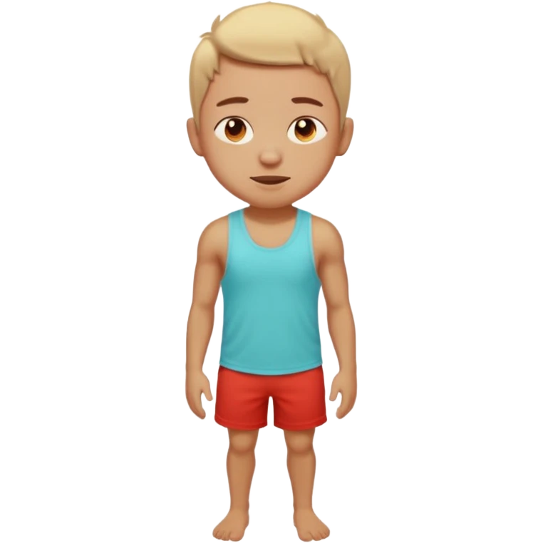 Emoji-style person standing in beach shorts, skin visibly sunburned and red on arms, legs, and face, but chest and shoulders clearly lighter with tank top tan lines. Expression shows mild pain or discomfort, cute rounded emoji design, soft 3D shading, vibrant colors emoji