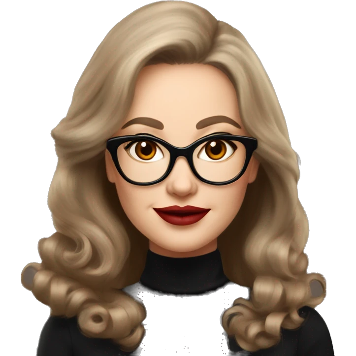 50 years old girl
long brown hair with volume styling
light skin
red lipstick
glasses with refined frame
Brown eyes with cat eye liner
black silk shirt with long sleeves emoji