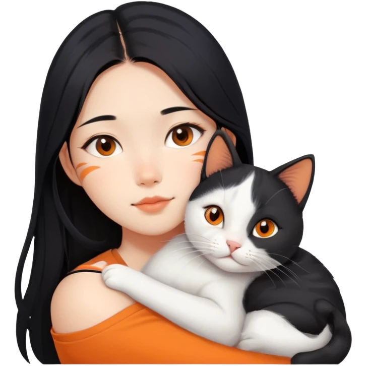 Asian girl with long black hair and the cat is lying on her shoulder, cat is mostly white with orange markings, tender moment emoji