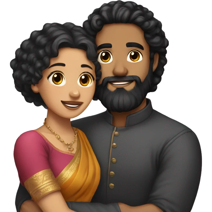 Light skin;Black long hair girl  in a saree hugging with a man with black beard and curly hair on top emoji