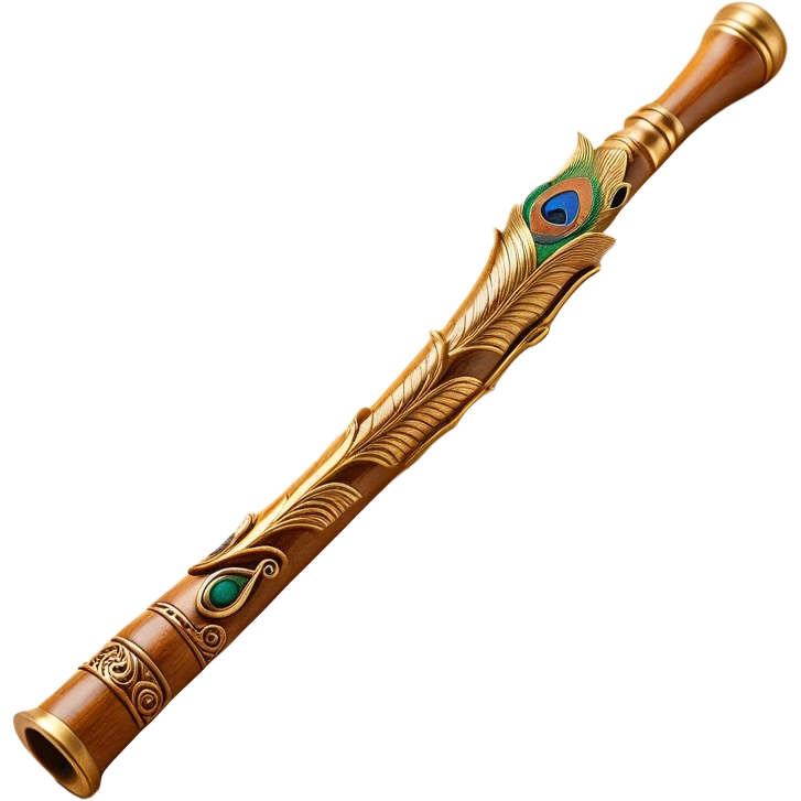 "A small, beautifully designed wooden flute with intricate golden carvings, inspired by Lord Krishna's divine flute. The flute has a gentle curve, a peacock feather elegantly placed near one end, and delicate floral engravings along its body. The design should be minimal yet artistic, suitable for an emoji, with a golden-brown wood texture and subtle shine. The background should be plain or softly glowing to highlight the flute's beauty." emoji
