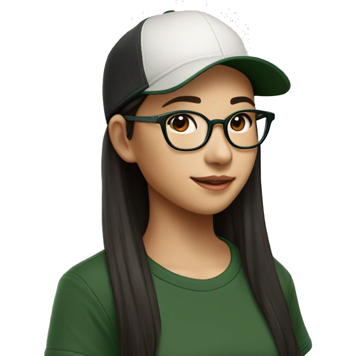 Hyper realistic, look from side, asian girl, light white skin, smiling with teeth, black eyes, spotted frame glasses, long brown straight hair with highlighted strands, black T-shirt, dark green cap. emoji