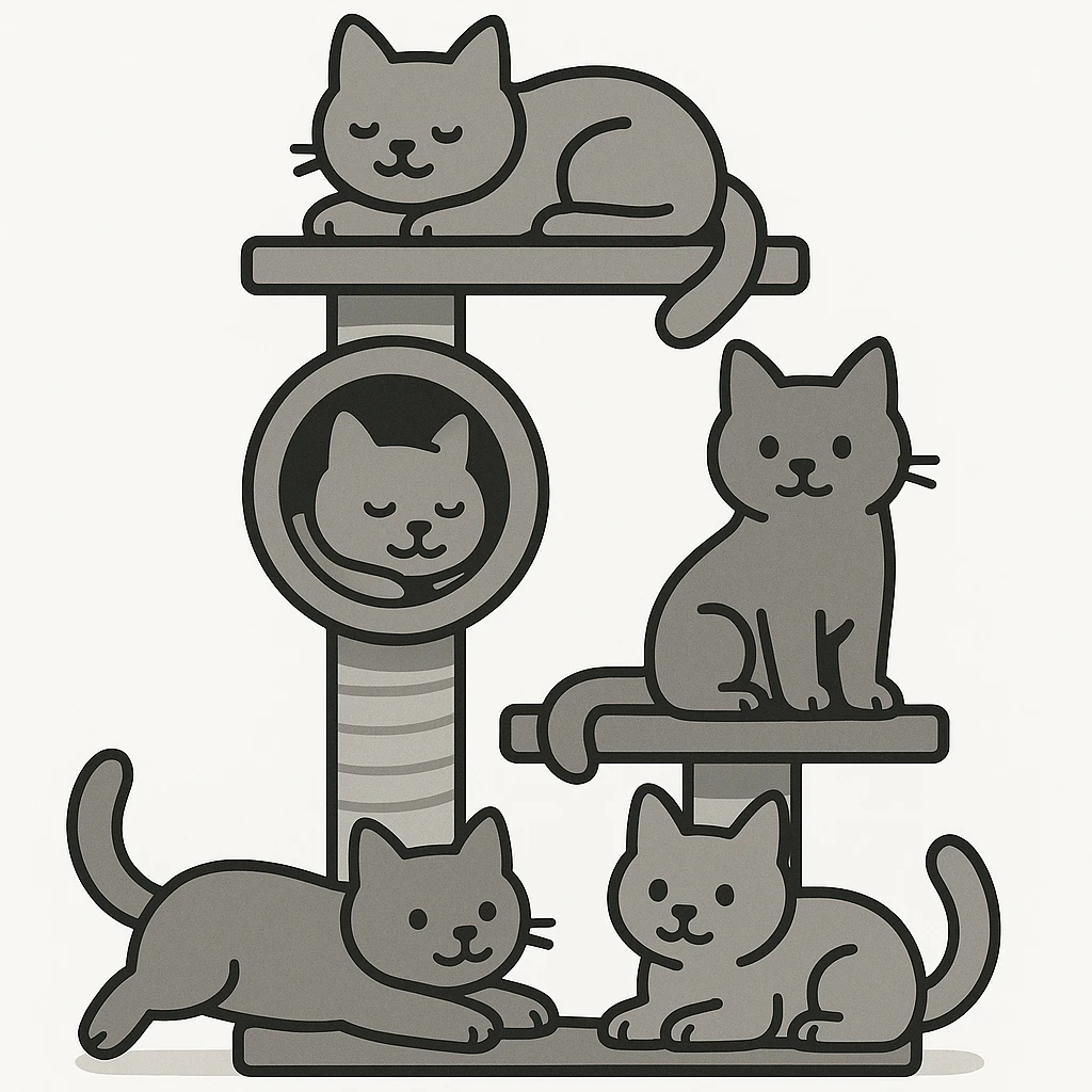 cats relaxing in a vertical playhouse emoji