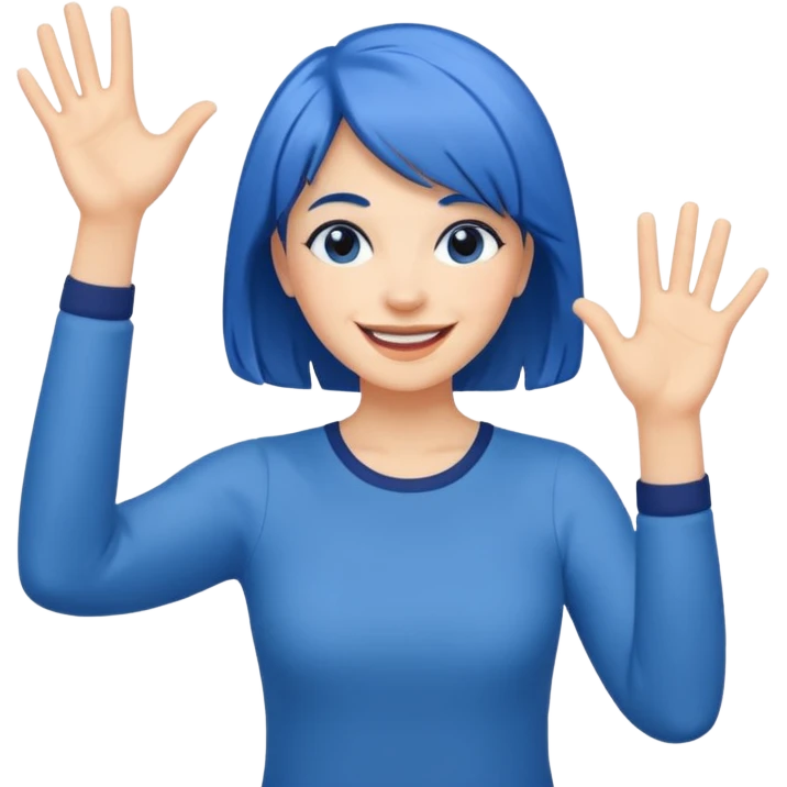 Woman with medium length blue hair doing jazz hands emoji