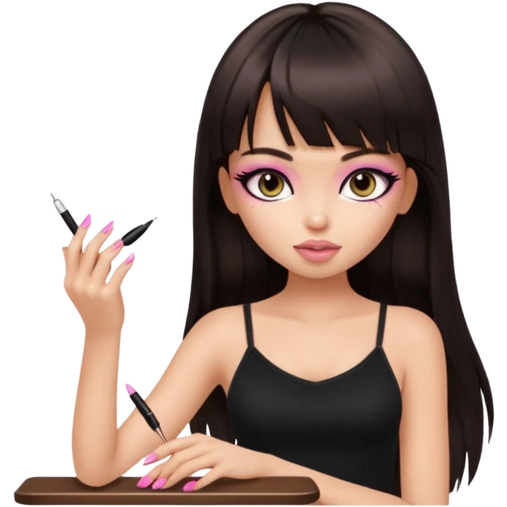 generate a pretty bratz girl in black cami top, dark brown straight long hair with bangs, eyeliner on, getting her nails done emoji