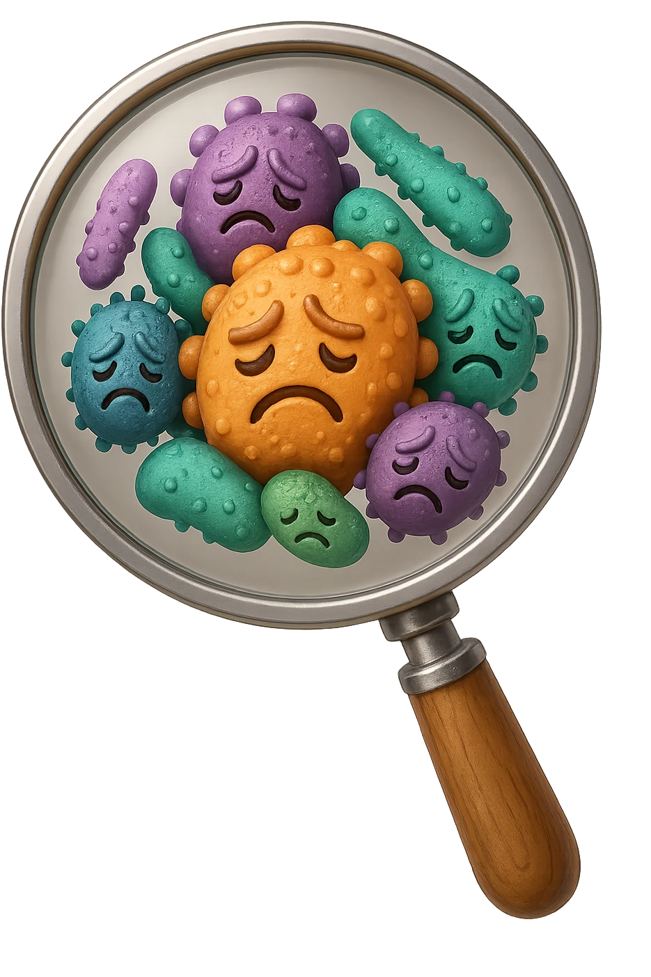 EMOJI STILE IPHONE DI una lente di ingrandimento che inquadra un cumulo di batteri intestinali tristi, IPERREALISTICO 4K emoji