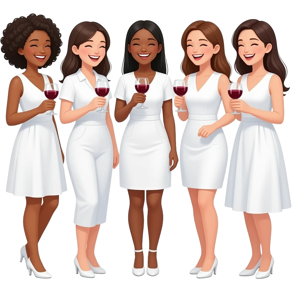 5 ladies silly book club having fun drinking wine all white emoji