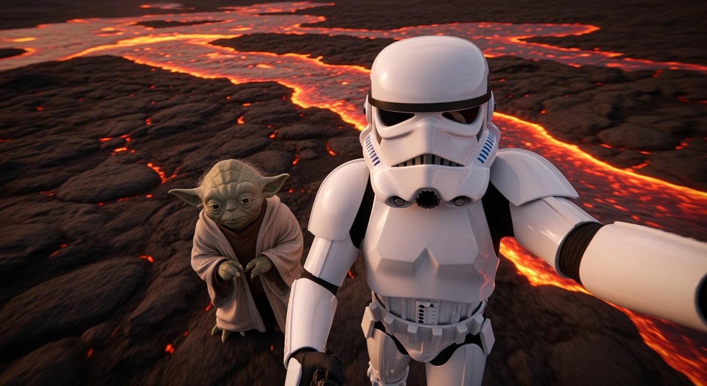 Camera POV, Starwars stormtroopers vlogging selfie, he is walking on lava planet with yoda emoji