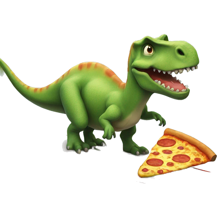 Dinosaur riding a surf board eating pizza emoji