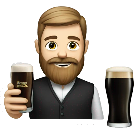 White guy with beard drinking from a glass that says “Guinness” emoji