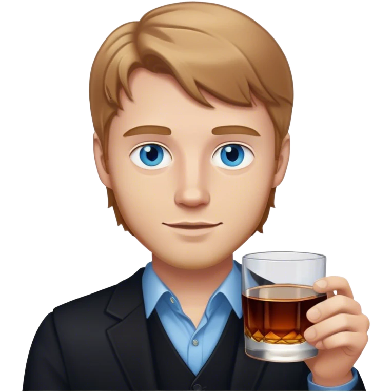 white guy light brown hair blue eyes wearing black holding whiskey emoji