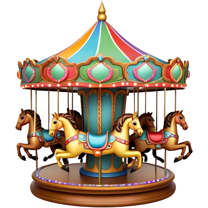 A colorful, whimsical carousel with ornate wooden horses, spinning gracefully under glowing lights. The horses are decorated with vibrant colors, and the surrounding area is filled with twinkling lights, creating a nostalgic and magical atmosphere emoji