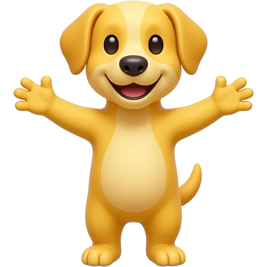 A completely bright yellow dog, standing up with legs and arms open like a little person, looking at us with a very happy expression. Its body is completely brigth yellow. emoji