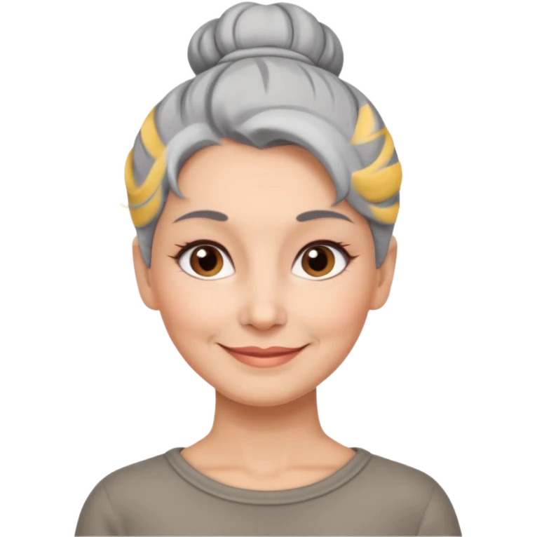 50 y.o. woman grey hair, subtle smile, hair in a bun  emoji