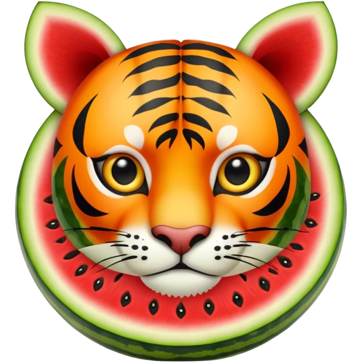 Cartoon watermelon with tiger face where the red flesh is visible, tiger stripes blending with watermelon pattern emoji